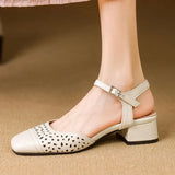 KYLETHOMASW  -  2025 Vintage Women Sandals Square Toe Thick Heels 3.5cm Buckle Strap Breathable Small Size 31 32 33 Sweet Daily Shoes