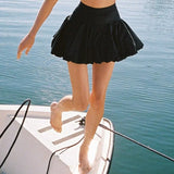 KYLETHOMASW  -  Elegant Girl Ruched Big Swing Mini Skirt Vintage High Waist Side Zipper Summer Skirts Black White Women's Party Streetwear