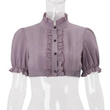 KYLETHOMASW  -  Korean Sweet Ruffle Collar Puff Sleeve Crop Blouse Women Thin Lightweight Casual Daily Shirt