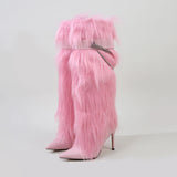 KYLETHOMASW  -  Pink Y2k Stiletto Metal Chain Boots Autumn Winter New Sexy Black High-heeled Fur Boots   on off