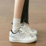 KYLETHOMASW  -  WomenCute Cartoon Rabbit PlatformSneakers Grey‑White Polka DotPatchwork Thick Sole Lace‑Up Skate Board ShoesGirls Casual Walking