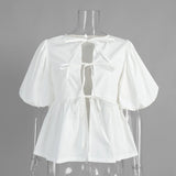 KYLETHOMASW  -  Pure Cotton Lace Up Round Neck Loose Short Sleeved Summer New Item Bubble Sleeve Pleated Cardigan Top for Women