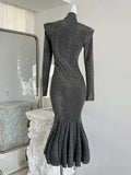 Kylethomasw French Elegance Silver Mermaid Dress Sparkly Turtleneck Luxury One-Piece Frocks Party Prom 2000s Aesthetic Sweet Formal Occasion