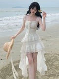 KYLETHOMASW  -  New Summer Vacation White Dress Irregular Hem Heavy Embroidery Fairy Tale Women's Dress Square Collar Fly Sleeve Beach Dress