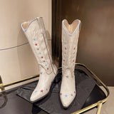 KYLETHOMASW  -  Spring New Retro Star Boots Embroidered Pointed Western Cowboy Cowgirl Boots Women's Thick Heel High Boots Oldgringoboots