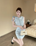 KYLETHOMASW  -  Elegant Skirt Set Women's Summer Bow Tweed Vest High Waist Mini Skirt Two-piece Set Fashion Female Clothes
