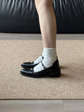 KYLETHOMASW  -  Women Shallow Mouthed Mary Jane Shoes Thick Heel with A Single Button Women Leather Shoes Metal Decorative Leisure Flat Shoes
