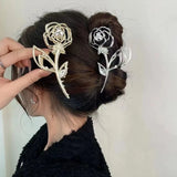 Kylethomasw Metal Rose Claw Clip for Elegant Women Rhinestones Flocking Hair Clips Clamp Grab Geometric Silver Shark Hair Accessories