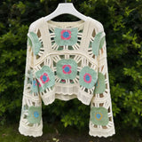 KYLETHOMASW  -  Korean Version Women's Floral Crochet Knit Top Hollow Out Long Sleeve Casual Summer Loose Cropped Knitwear Blouse