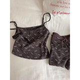 KYLETHOMASW  -  2Cute Bow Print Ribbed Loungewear Set Women Adjustable Thin Strap Tank Top Elastic Short Pants Daily Nightwear