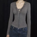 KYLETHOMASW  -  Y2k Clothes Ruffles T Shirt for Women Solid V Neck Fleece Autumn Winter Ropa De Mujer Japanese Style Retro Short Tees