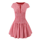 KYLETHOMASW  -  Women O Neck Short Sleeve A-line Slim Plaid Mini Dresses Casual Holiday Summer Dress 2025 Robe