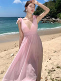 KYLETHOMASW  -  Women Pink Temperament Backless Pleated Vest Dress Summer New Elegant Ladies V-neck Sleeveless High Waist Vestidos Robe