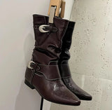 KYLETHOMASW  -  New Round Toe Square Heel Sexy Elegant Mid-calf Boots Fashionable Pin Buckle Decoration Solid Color Simple Casual Women's Shoes