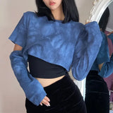 KYLETHOMASW  -  Women's Blue Tie Dye Cutout Layered Long Sleeve Cropped Blouse Casual Fashion Top