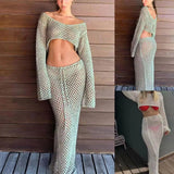 Kylethomasw Women Summer 2PCS Beach Cover Up Dress Sexy See-through Hollow Out Short Tops+Long Skirt Swimsuit Cover Up Dresses Vacation