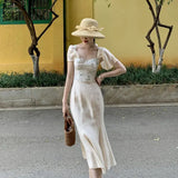 KYLETHOMASW  -  French Elegant Flying Sleeve Floral Dress for Women Summer Stylish Splicing Square Neck Slimming A-line Long Dress