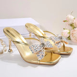 KYLETHOMASW  -  Luxury Gold Glitter Bowknot Decoration Slippers Women Mesh Strap Sandals Women Summer Sexy High Heels Party Dress Shoes