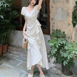 KYLETHOMASW  -  White V-neck Lace Up Short Sleeved Dress Women Summer New Lotus Leaf Edge Waist Cinching Slim Temperament Long Dresses