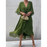 KYLETHOMASW  -  Solid Color Sash Long Dress Bat Sleeve Irregular Hemline Maxi Dress Plus Size