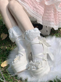 KYLETHOMASW  -  Lovely Girls Lolita High Heels Platform Shoes ,Young Women Students Sweet Pearl Lace Bowknots Embroidery Ankle Strap Mary Janes
