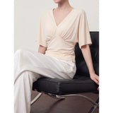 KYLETHOMASW  -  Casual Cross V-neck Batwing Sleeve Slim Fit Knitted Top Summer Polyester Fiber Pure Color Regular Sleeve Length