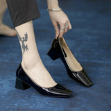 KYLETHOMASW  -  Solid Japanned Leather Pumps Woman Block High Heels Shoes OL Ladies Dress Work Escarpins Femmes Designer Luxury Tacones Mujer
