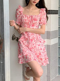 KIylethomasw Women Pink Floral Print Ruffles Split Dress Summer Short Sleeve Vintage High Waist Holiday Evening Party Korean Dresses