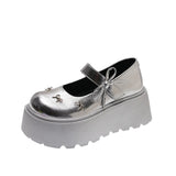 KYLETHOMASW  -  Women's Bow Mary Jane Platform Shoes Round Toe Casual Non Slip 7cm Height Increasing Comfortable Chunky Sole Ballet Flats Shoes