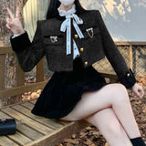 KYLETHOMASW  -  Women Two Piece Outfits Spring Autumn Vintage Fashion Elegant Luxury Coat Tweed Chic Slim Jacket Sexy High Waist Mini Skirt