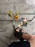 KYLETHOMASW  -  Europe and America Women Black Leather Cutout Mid Calf Sandal Boots Square Open Toe Single Strap Wedge Heel Slip On Tall Booties
