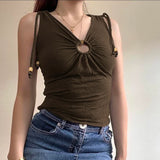 KYLETHOMASW  -  Metal Ring Folds V-Neck Tank Top Fairycore Grunge Style Shirring Shoulder Tie-up Beaded Camisole Vintage Slim-fit Vest