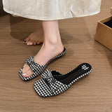 KYLETHOMASW  -  Summer Plaid Satin Bow Knot Women Slippers Concise Square Toe Lightweight Slip On Slides Outdoor Daily Walking Vacation Shoes