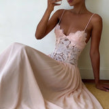 KYLETHOMASW  -  Elegant Pure Color Chiffon Dress Sexy Lace Spliced Mesh Pleated Evening Dress Fashion Hollow Out Sleeveless Halter Banquet Dress