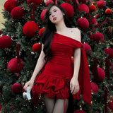 KYLETHOMASW  -  Christmas Party Style Red Dress Woman Skew Collar Off Shoulder Shape Waist Ruched Fluffy Hem Elegant Fashion Mini Bodycon