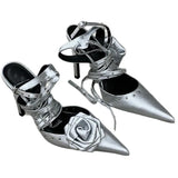 KYLETHOMASW  -  Spring New Silver Dark Goth Y2k Rose Cross Strap Sandals Ladies French Pointed High Heels Stiletto Sandals for Women
