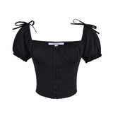 KYLETHOMASW  -  Sexy White U Collar Metal Hook Buttons Short Puff Sleeve Shirt Women Tie Bow Shoulder Center Slim Crop Tops Black