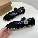 KYLETHOMASW  -  Floral Print Insole Velvet Flats Shoes Women Hand Stitching Elegant Mary Jeans Shoes Ladies Round Toe Ballets Flats Footwear