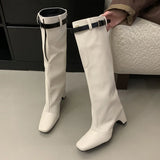 KYLETHOMASW  -  White Square Toe Belt Buckle Shaped Heel Knight Boots Woman Winter 2025 Black Slip-On Thick Heel Knee-High Boots Shoes for Women