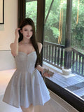 Kylethomasw New Design Elegant Blue One-Piece Frocks Sleeveless Off Shoulder Party Gyaru Sparkly Spaghetti Strap Dress Luxury Office Lady