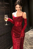 KYLETHOMASW  -  French Luxury Sequin Wine Red Lace Strap Camisole Fishtail Long Dress Banquet Christmas Party Evening Dress for Women