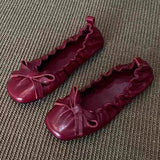 KYLETHOMASW  -  Red Bow Pleated Design Brand Ballet Flat Shoes Women Retro Round Toe Shallow Mary Jane Shoes Comfortable Moccasin Casual Shoes