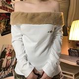 KYLETHOMASW  -  New fur spliced one neck slim embroidered T-shirt for sexy and slim women, backless sweatshirt