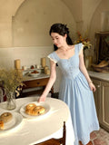 KYLETHOMASW  -  Slim Blue White Checkered Waistband Flying Sleeves Elegant Dress Women Summer New Long Checkered Vestidos