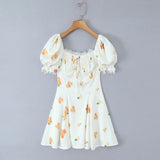 KYLETHOMASW  -  Retro White Flower Bow Ruched Chest Lace Slash Collar Satin Mini Dress Women Short Puff Sleeve Low Waist Swing Dresses Robe