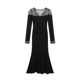KYLETHOMASW  -  Elegant Lace Splice V-neck Long Dress Women's Slim Fit Fish Tail Gown Autumn Winter New Style Cotton Knitted High Waist Dress