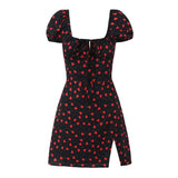 KYLETHOMASW  -  French Retro Black Print Bow Square Collar Short Elastic Puff Dress Women Zipper Back Slim Waist Slit Hem Mini Dresses Robe Blue