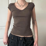 KYLETHOMASW  -  Folds V-neck Top Brown Vintage Slimming Button Short Sleeve T-shirt Casual Basic Streetwear Elegant Cargo Tops Summer