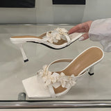 KYLETHOMASW  -  Designer Yellow Silk Flowers Narrow Band Square Toe Mules Low Thin Heels Slippers Women Gladiator Sandals Summer Shoes