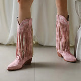 KYLETHOMASW  -  Women Fringe Western Boots Pink Sweet Embroidered Boots Brown Tassels Block Medium Heels Shoes Plus Size 48 Lady Winter